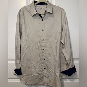 Tasso Elba Men’s XL Striped Button-Front Dress Shirt Tan Navy Trim Cotton